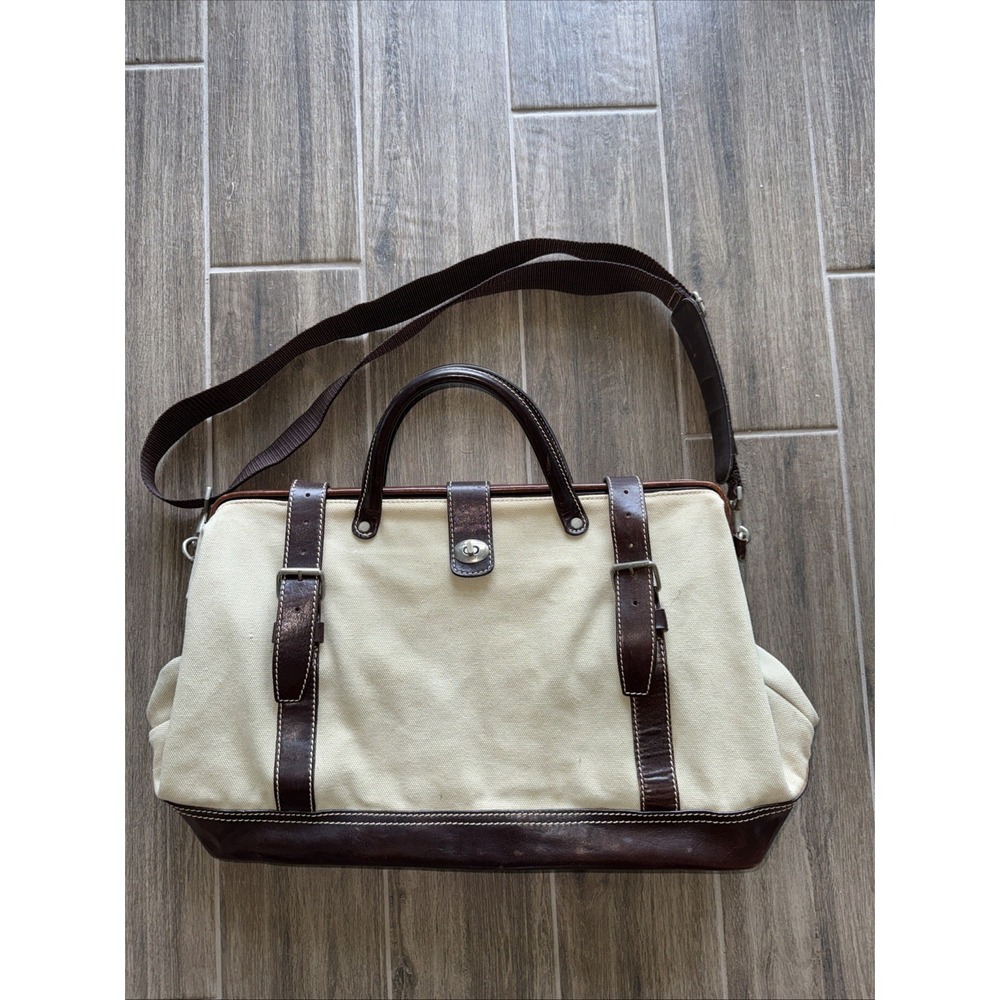 Levenger Vintage Canvas With Brown Leather Trim Carry On Weekend Tote